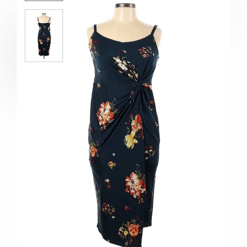 Nine Britton Navy Blue floral faux wrap dress with knot detail, size XL
